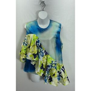 MSGM Milano Colorful floral 100% silk‎ blouse cold shoulder flounce sz 46 Italy